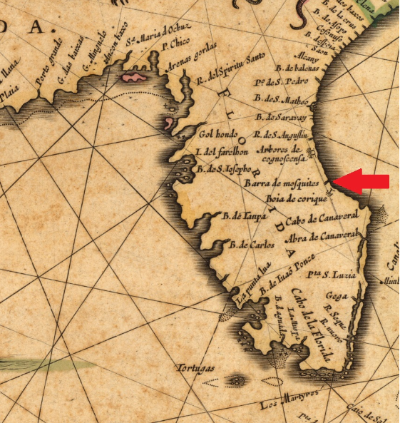 Excerpt of a 1644 map drawn by Willem Janszoon Blaeu, with particular focus on the named waterways along Florida’s Atlantic coast. Barra de Mosquitos is indicated with a red arrow. Curtesy of Florida Memory Project.
