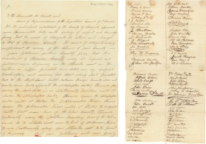 Petition signed by 73 citizens of Mosquito County, asking for the county to be renamed Harrison, and for the boundaries to be redefined (1844). Box 4, Folder 3, Records of the Territorial Legislative Council (Series S 877), State Archives of Florida.