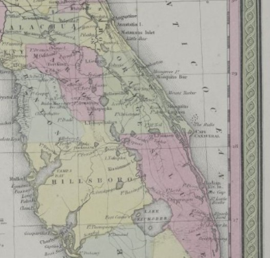 Tanner’s 1849 map of Florida. Orange County (formerly Mosquito county) is shown in green. Curtesy of Florida Memory Project.